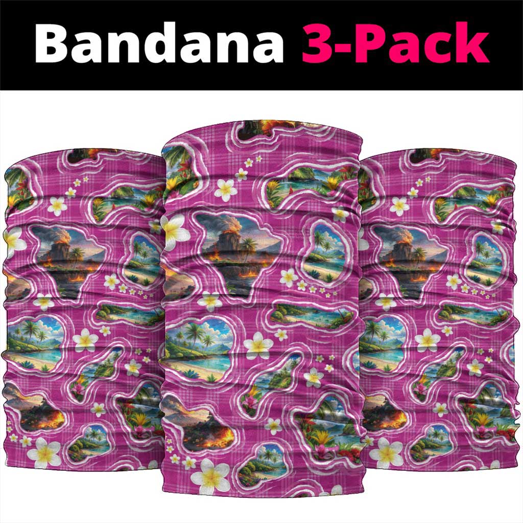 Hawaiian Island Shapes-Iconic Landscape Neck Gaiter with Plumeria and Palaka Pink Color