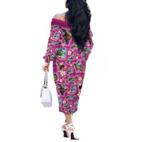 Hawaiian Island Shapes-Iconic Landscape Off The Shoulder Long Sleeve Dress with Plumeria and Palaka Pink Color LT03 - Polynesian Pride