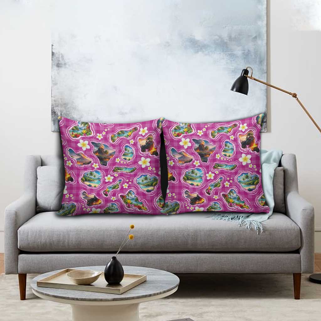 Hawaiian Island Shapes-Iconic Landscape Pillow Cover with Plumeria and Palaka Pink Color
