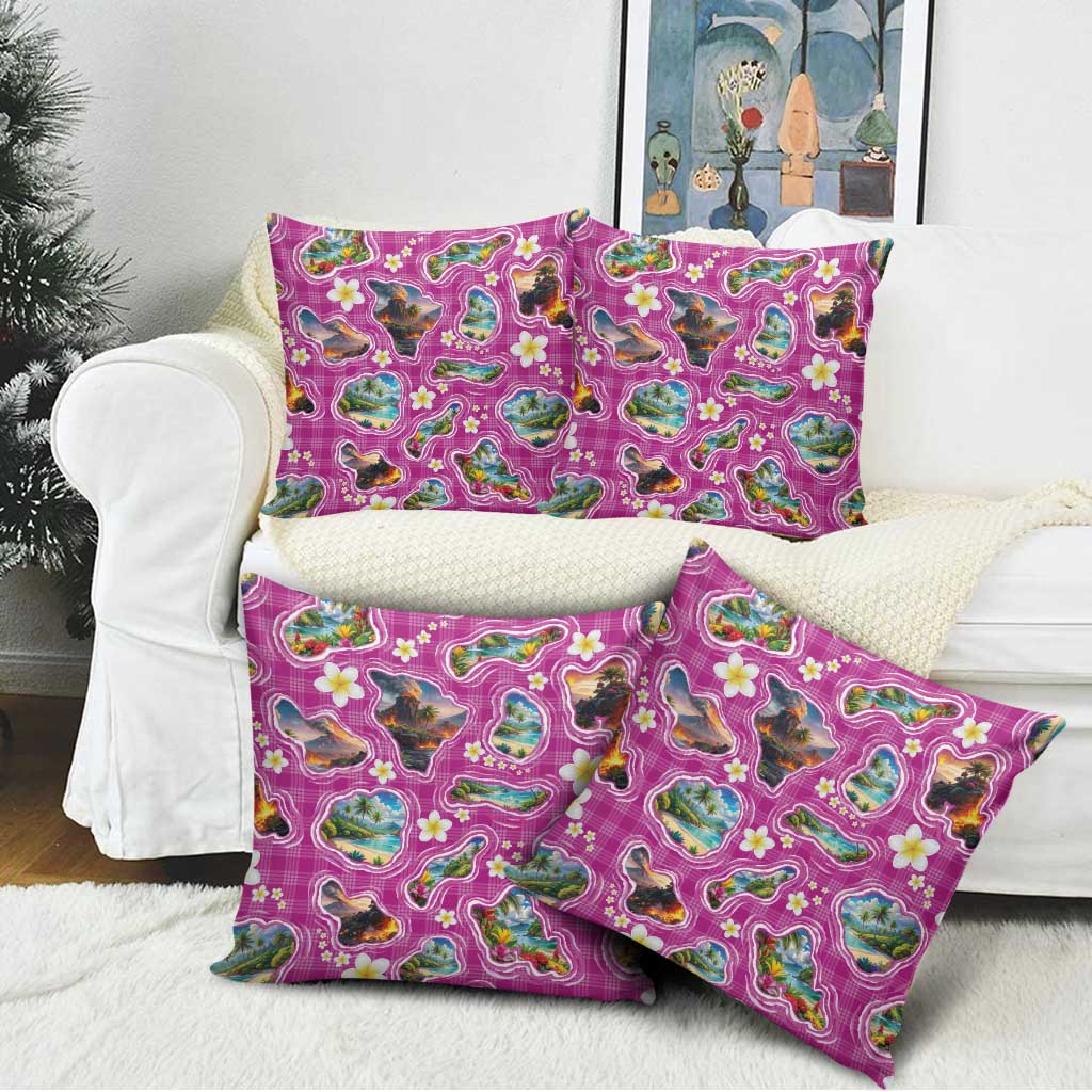 Hawaiian Island Shapes-Iconic Landscape Pillow Cover with Plumeria and Palaka Pink Color