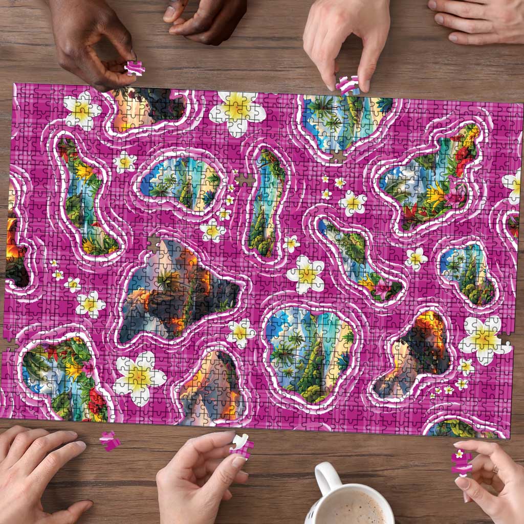 Hawaiian Island Shapes-Iconic Landscape Puzzle with Plumeria and Palaka Pink Color