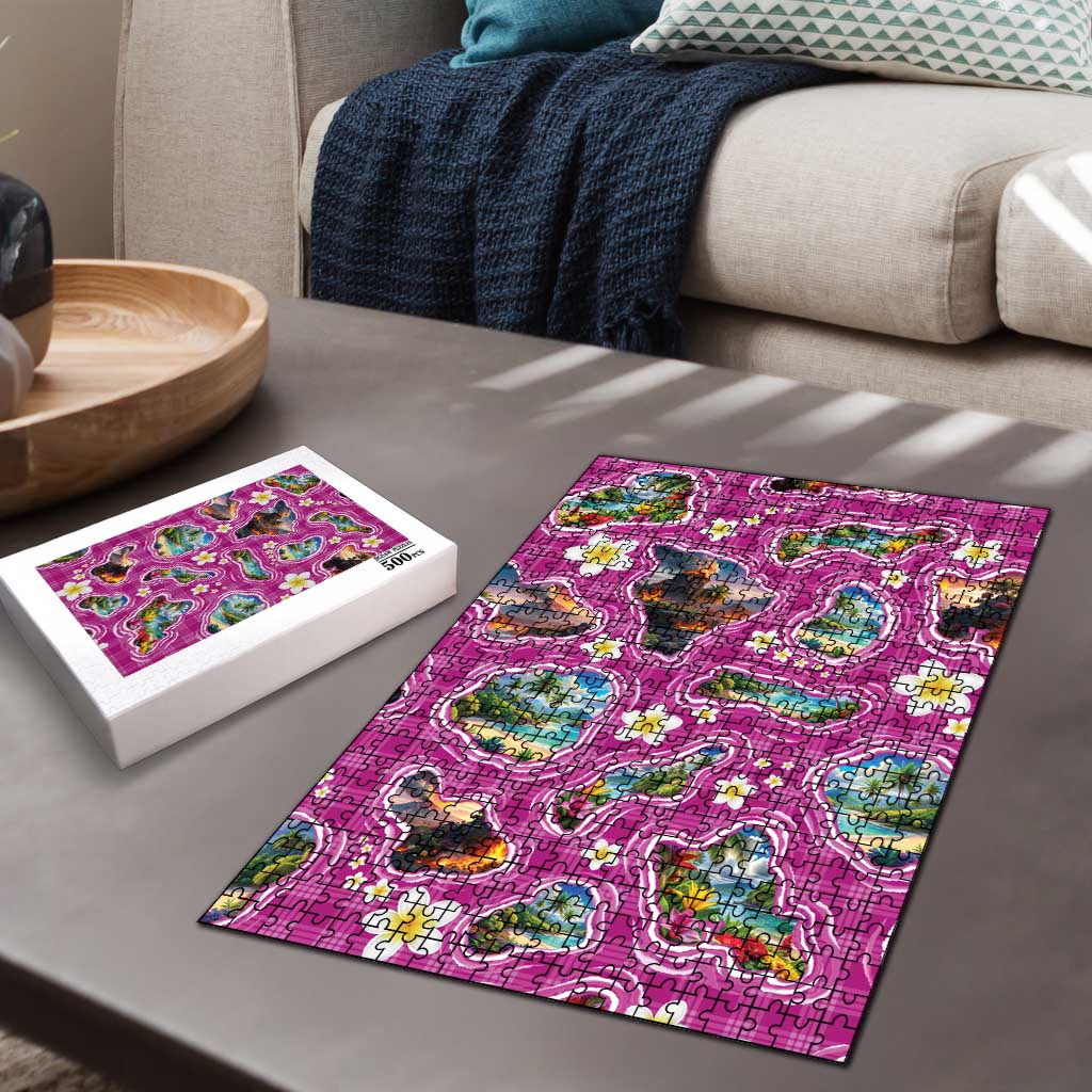 Hawaiian Island Shapes-Iconic Landscape Puzzle with Plumeria and Palaka Pink Color