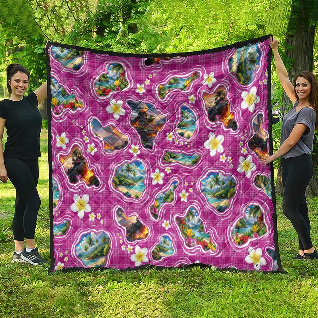 Hawaiian Island Shapes-Iconic Landscape Quilt with Plumeria and Palaka Pink Color