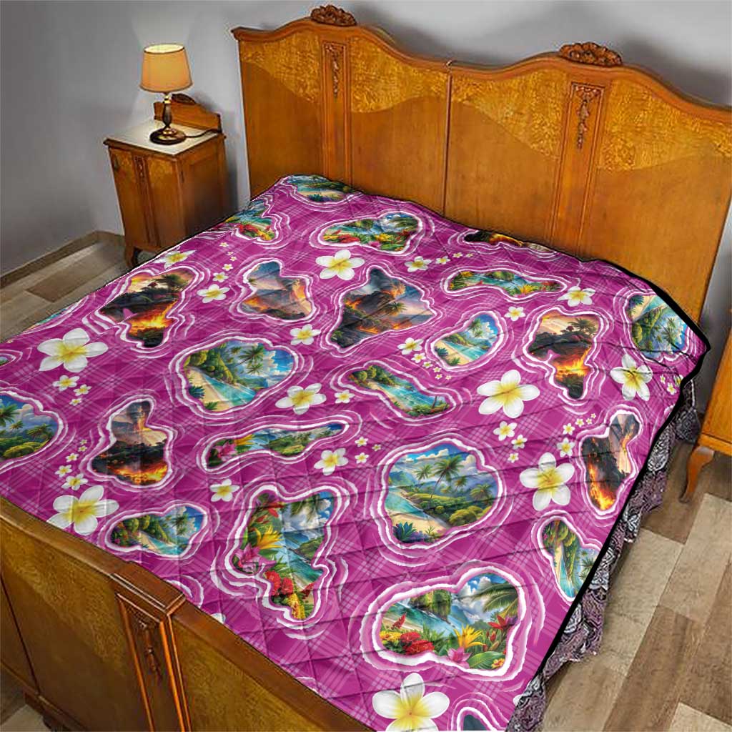 Hawaiian Island Shapes-Iconic Landscape Quilt with Plumeria and Palaka Pink Color