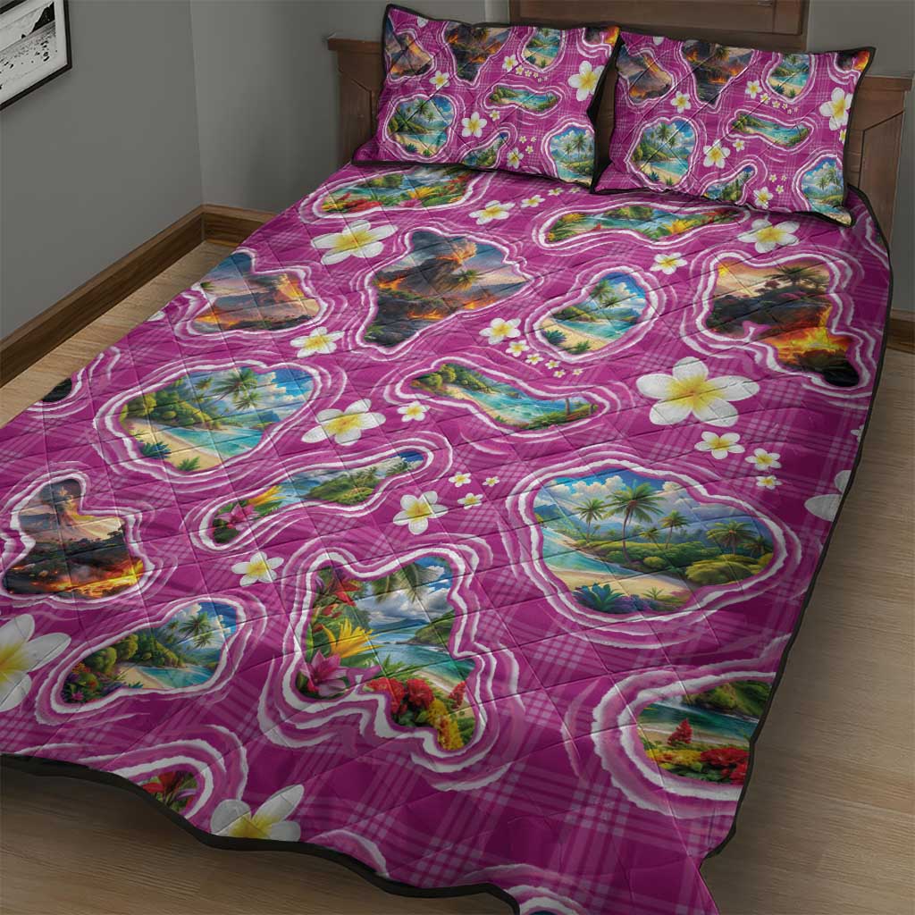 Hawaiian Island Shapes-Iconic Landscape Quilt Bed Set with Plumeria and Palaka Pink Color