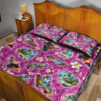 Hawaiian Island Shapes-Iconic Landscape Quilt Bed Set with Plumeria and Palaka Pink Color