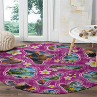 Hawaiian Island Shapes-Iconic Landscape Round Carpet with Plumeria and Palaka Pink Color