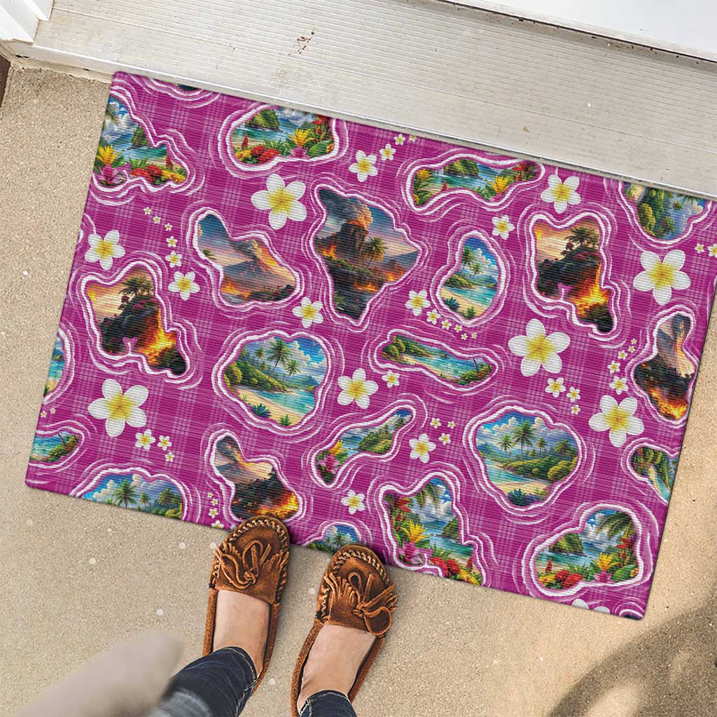 Hawaiian Island Shapes-Iconic Landscape Rubber Doormat with Plumeria and Palaka Pink Color