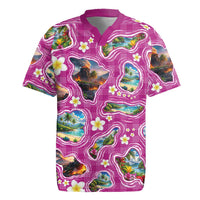 Hawaiian Island Shapes-Iconic Landscape Rugby Jersey with Plumeria and Palaka Pink Color