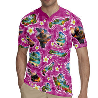 Hawaiian Island Shapes-Iconic Landscape Rugby Jersey with Plumeria and Palaka Pink Color