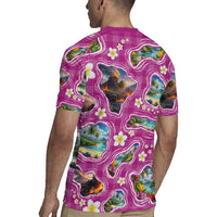 Hawaiian Island Shapes-Iconic Landscape Rugby Jersey with Plumeria and Palaka Pink Color