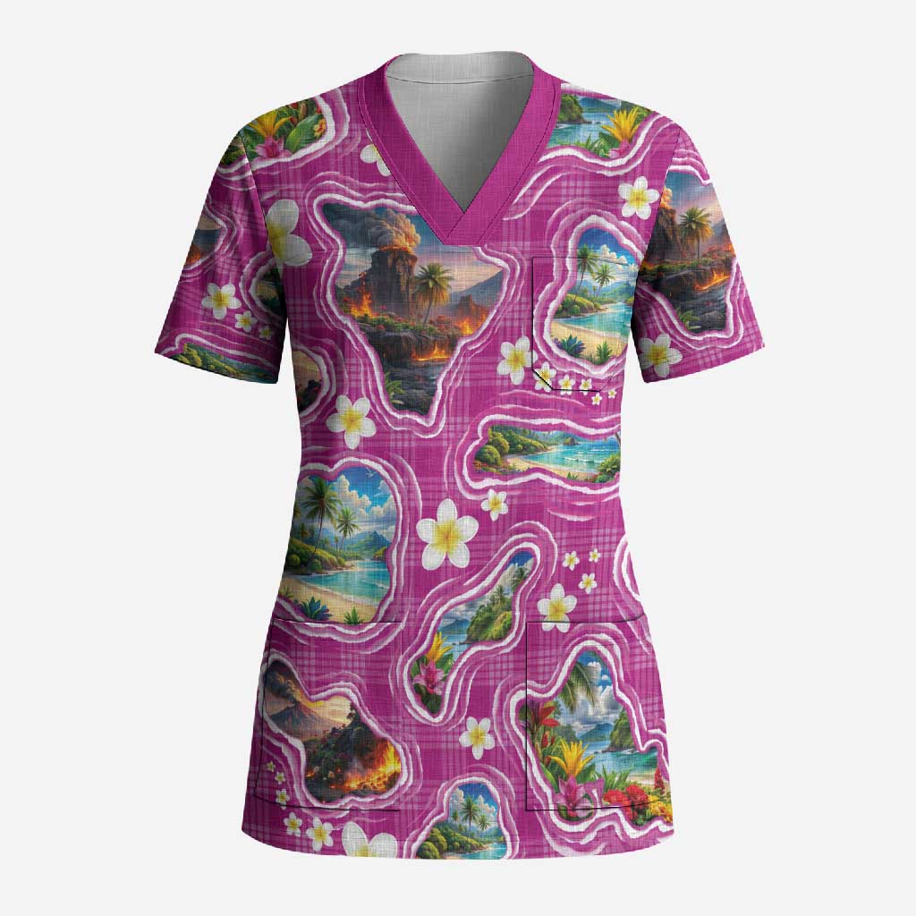 Hawaiian Island Shapes-Iconic Landscape Scrub Top with Plumeria and Palaka Pink Color