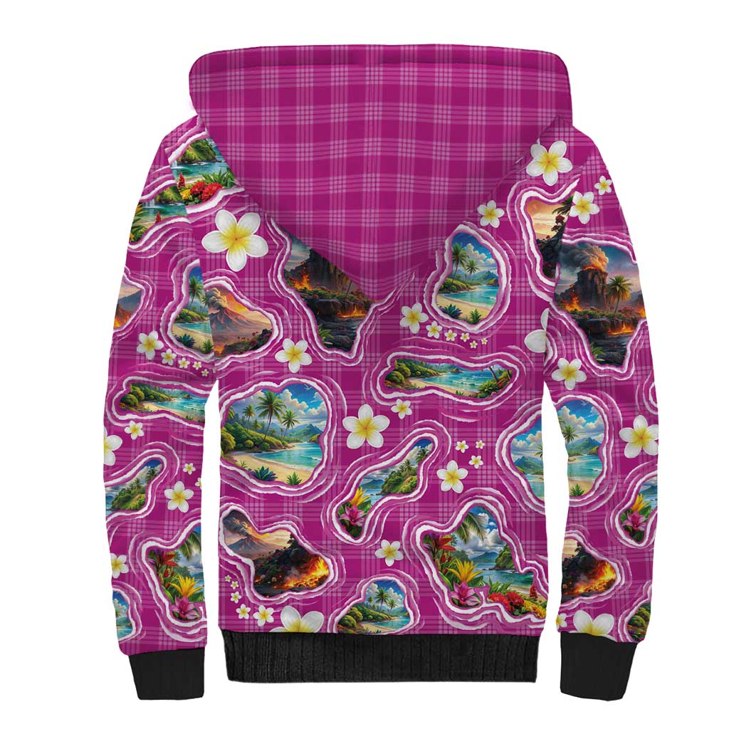Hawaiian Island Shapes-Iconic Landscape Sherpa Hoodie with Plumeria and Palaka Pink Color LT03 - Polynesian Pride