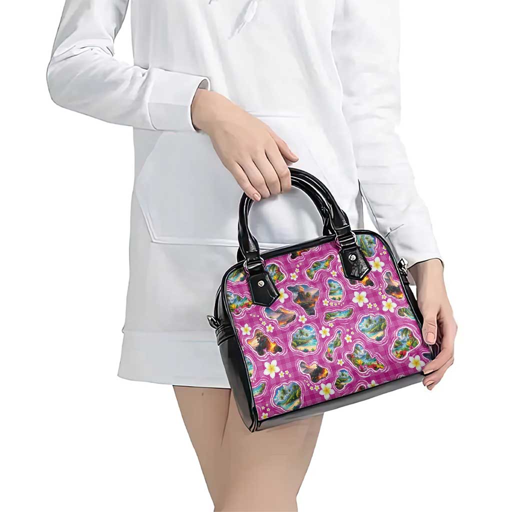 Hawaiian Island Shapes-Iconic Landscape Shoulder Handbag with Plumeria and Palaka Pink Color