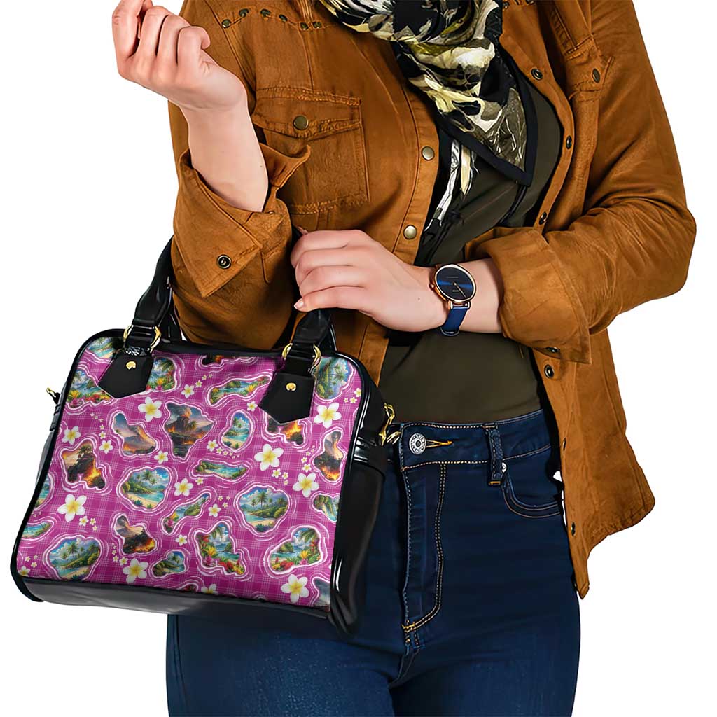 Hawaiian Island Shapes-Iconic Landscape Shoulder Handbag with Plumeria and Palaka Pink Color