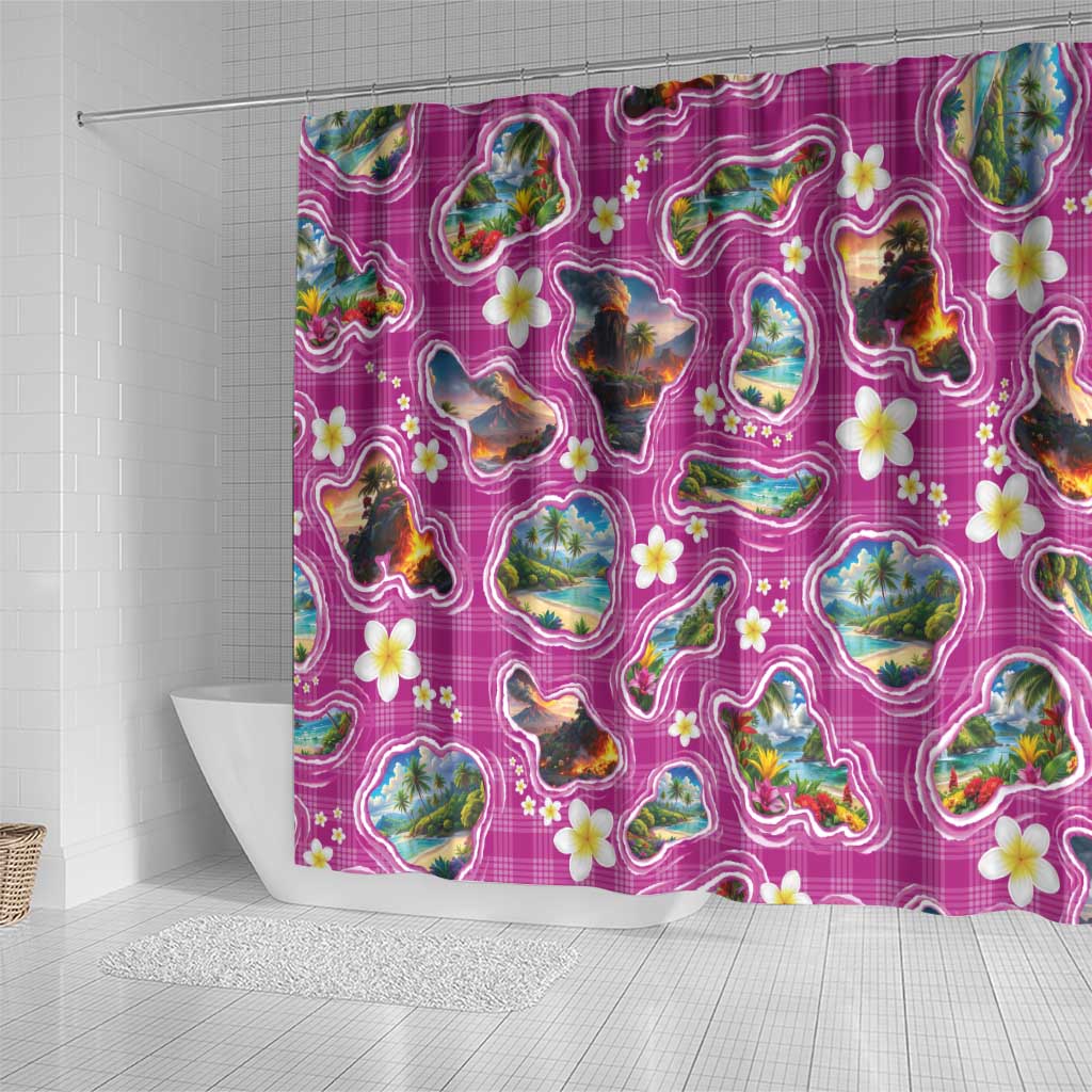 Hawaiian Island Shapes-Iconic Landscape Shower Curtain with Plumeria and Palaka Pink Color
