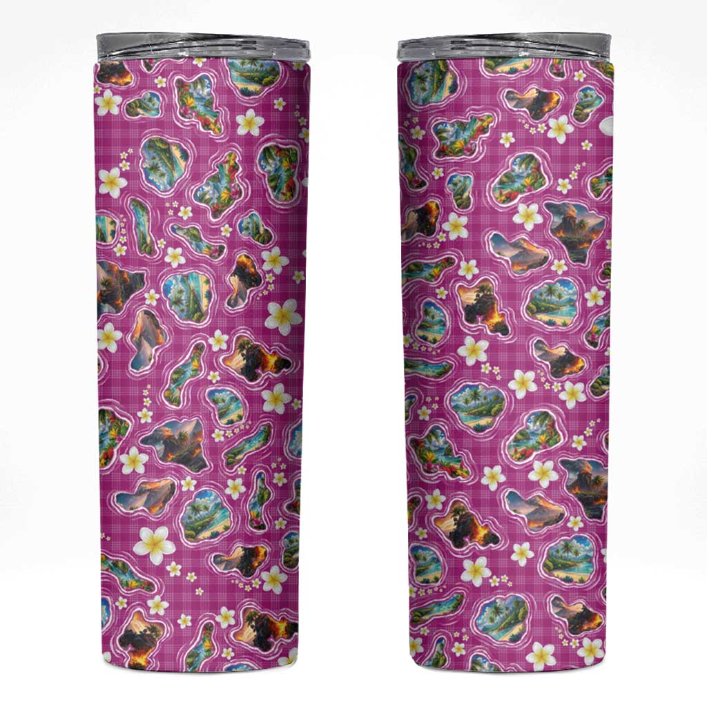 Hawaiian Island Shapes-Iconic Landscape Skinny Tumbler with Plumeria and Palaka Pink Color LT03 Pink - Polynesian Pride