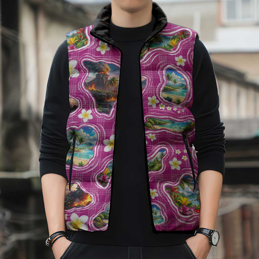 Hawaiian Island Shapes-Iconic Landscape Sleeveless Puffer Jacket with Plumeria and Palaka Pink Color