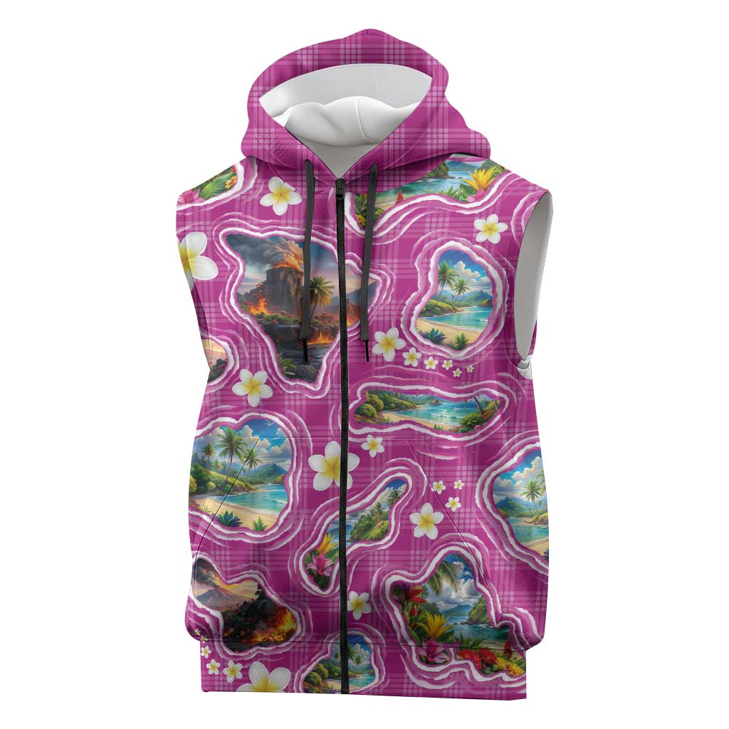 Hawaiian Island Shapes-Iconic Landscape Sleeveless Zip Hoodie with Plumeria and Palaka Pink Color