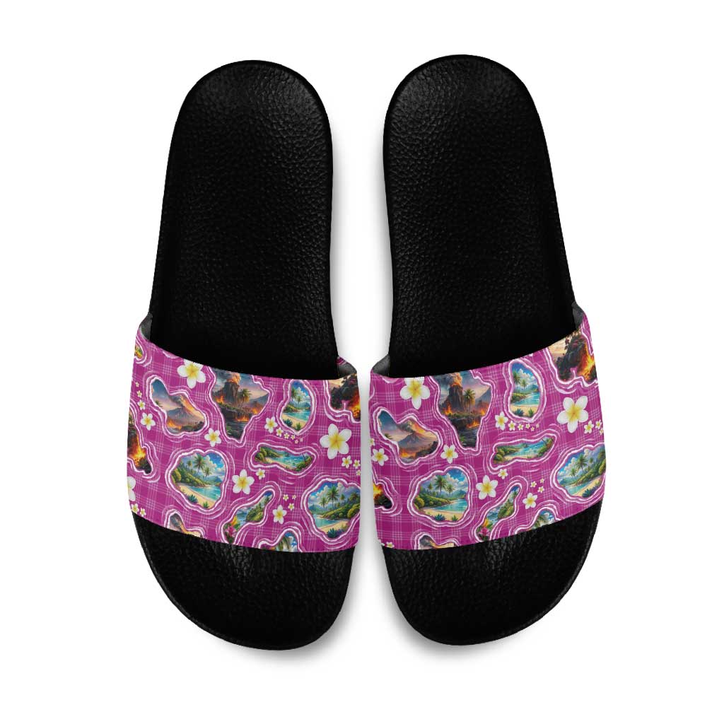 Hawaiian Island Shapes-Iconic Landscape Slide Sandals with Plumeria and Palaka Pink Color
