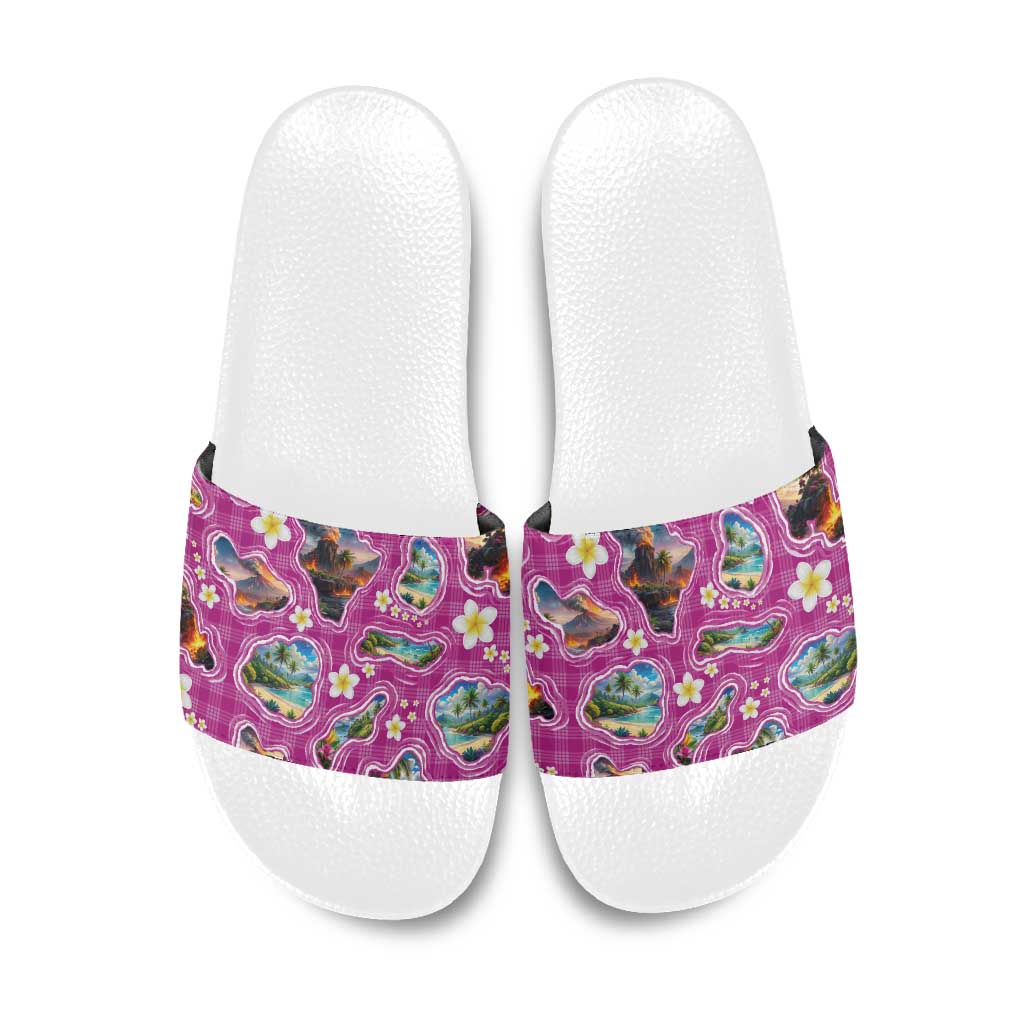 Hawaiian Island Shapes-Iconic Landscape Slide Sandals with Plumeria and Palaka Pink Color