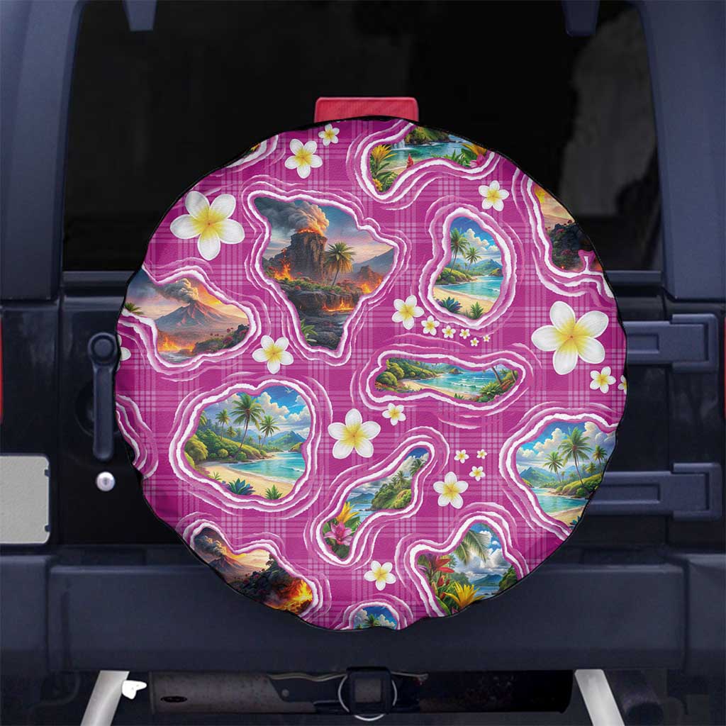Hawaiian Island Shapes-Iconic Landscape Spare Tire Cover with Plumeria and Palaka Pink Color LT03 No hole Pink - Polynesian Pride