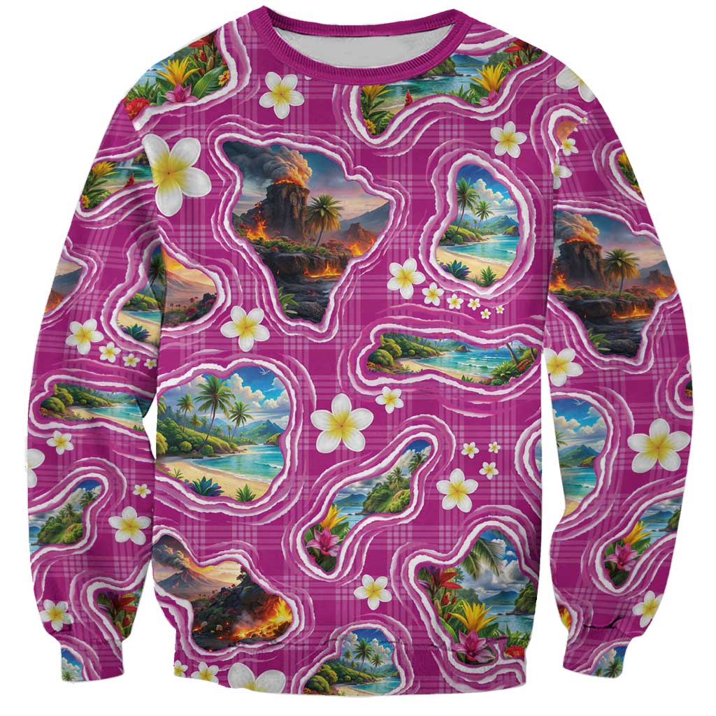Hawaiian Island Shapes-Iconic Landscape Sweatshirt with Plumeria and Palaka Pink Color