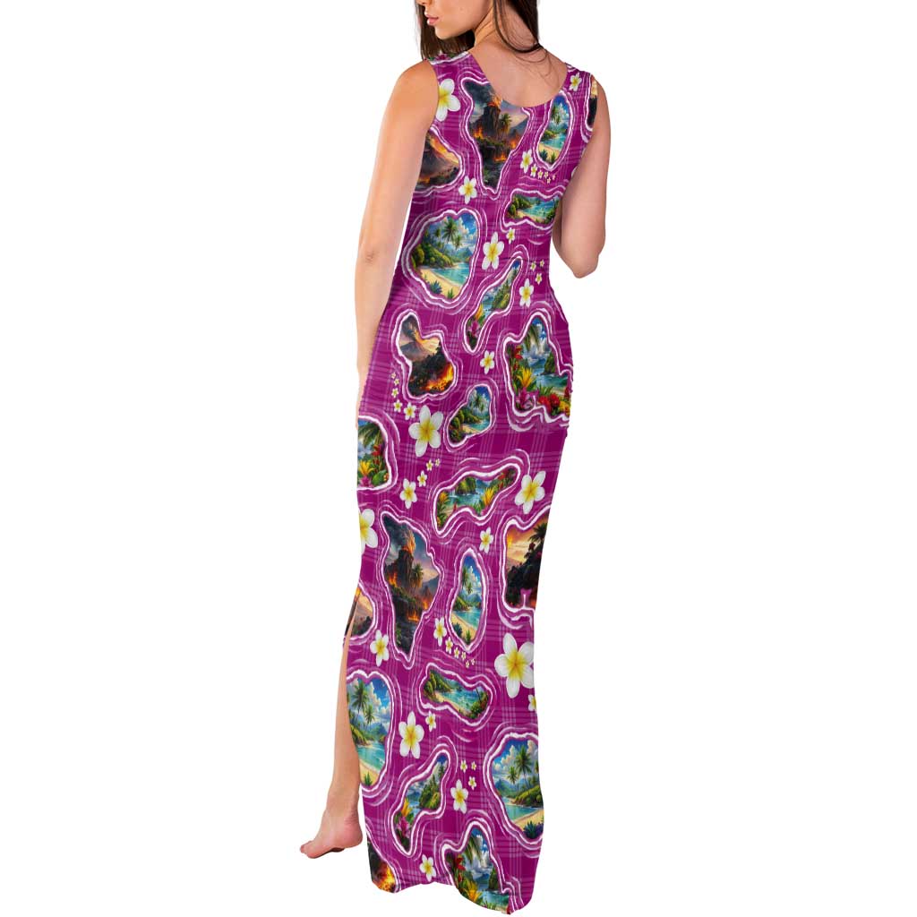 Hawaiian Island Shapes-Iconic Landscape Tank Maxi Dress with Plumeria and Palaka Pink Color LT03 - Polynesian Pride
