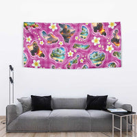 Hawaiian Island Shapes-Iconic Landscape Tapestry with Plumeria and Palaka Pink Color