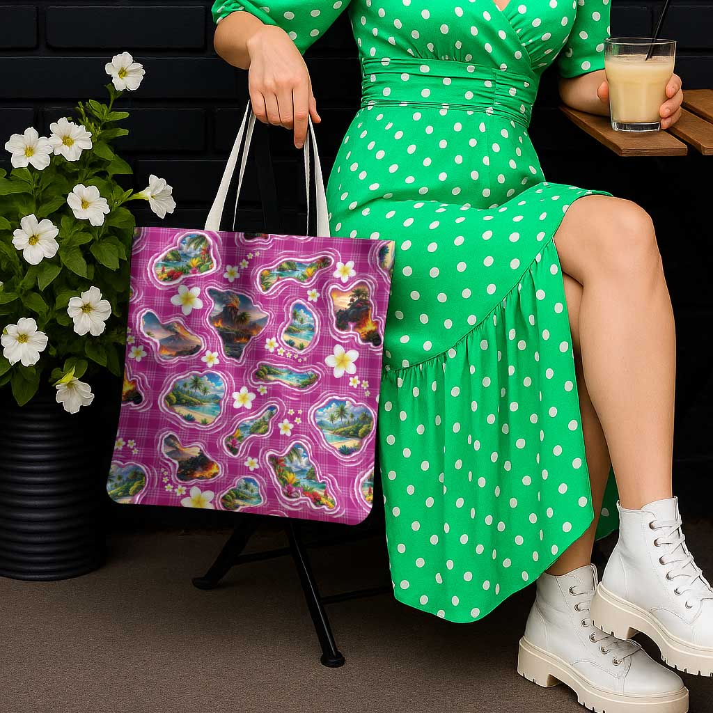 Hawaiian Island Shapes-Iconic Landscape Tote Bag with Plumeria and Palaka Pink Color