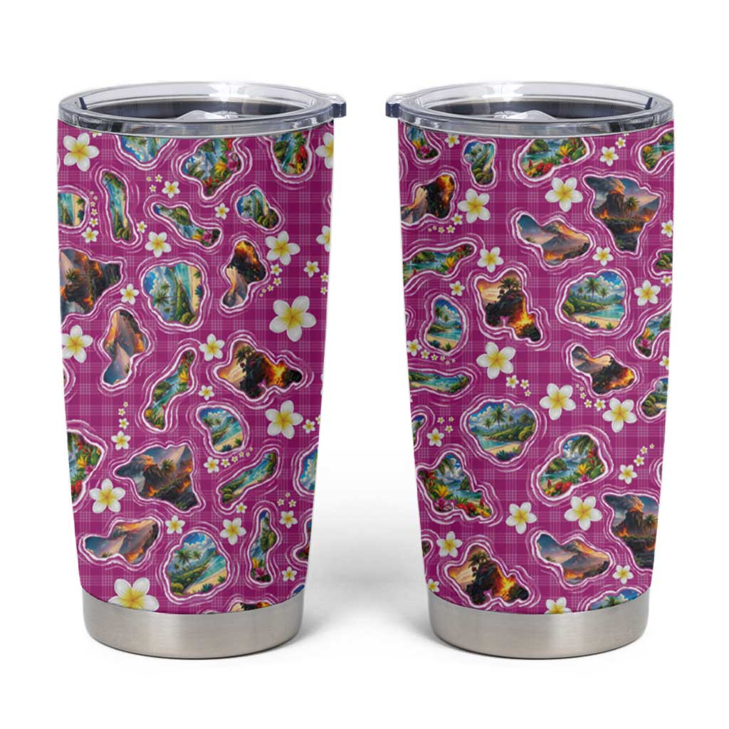 Hawaiian Island Shapes-Iconic Landscape Tumbler Cup with Plumeria and Palaka Pink Color