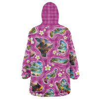 Hawaiian Island Shapes-Iconic Landscape Wearable Blanket Hoodie with Plumeria and Palaka Pink Color LT03 - Polynesian Pride