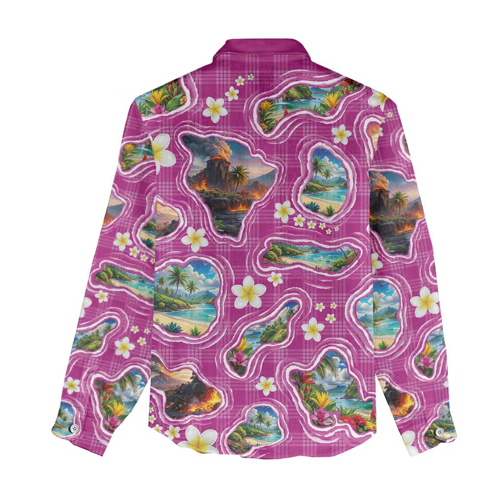 Hawaiian Island Shapes-Iconic Landscape Women Casual Shirt with Plumeria and Palaka Pink Color LT03 - Polynesian Pride