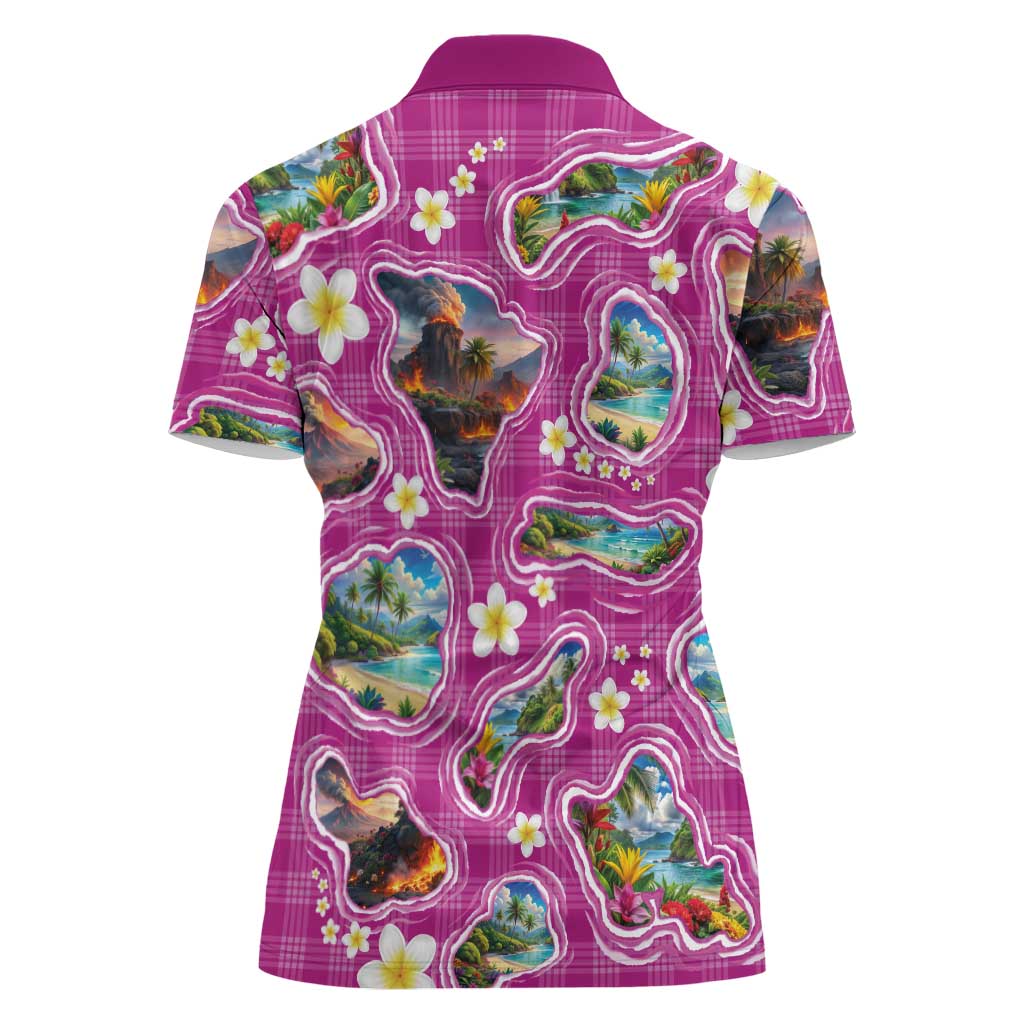Hawaiian Island Shapes-Iconic Landscape Women Polo Shirt with Plumeria and Palaka Pink Color LT03 - Polynesian Pride