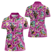 Hawaiian Island Shapes-Iconic Landscape Women Polo Shirt with Plumeria and Palaka Pink Color LT03 - Polynesian Pride