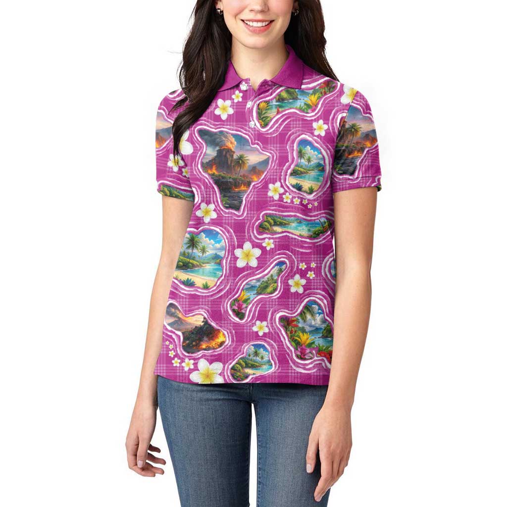 Hawaiian Island Shapes-Iconic Landscape Women Polo Shirt with Plumeria and Palaka Pink Color LT03 - Polynesian Pride