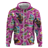 Hawaiian Island Shapes-Iconic Landscape Zip Hoodie with Plumeria and Palaka Pink Color LT03 Zip Hoodie Pink - Polynesian Pride