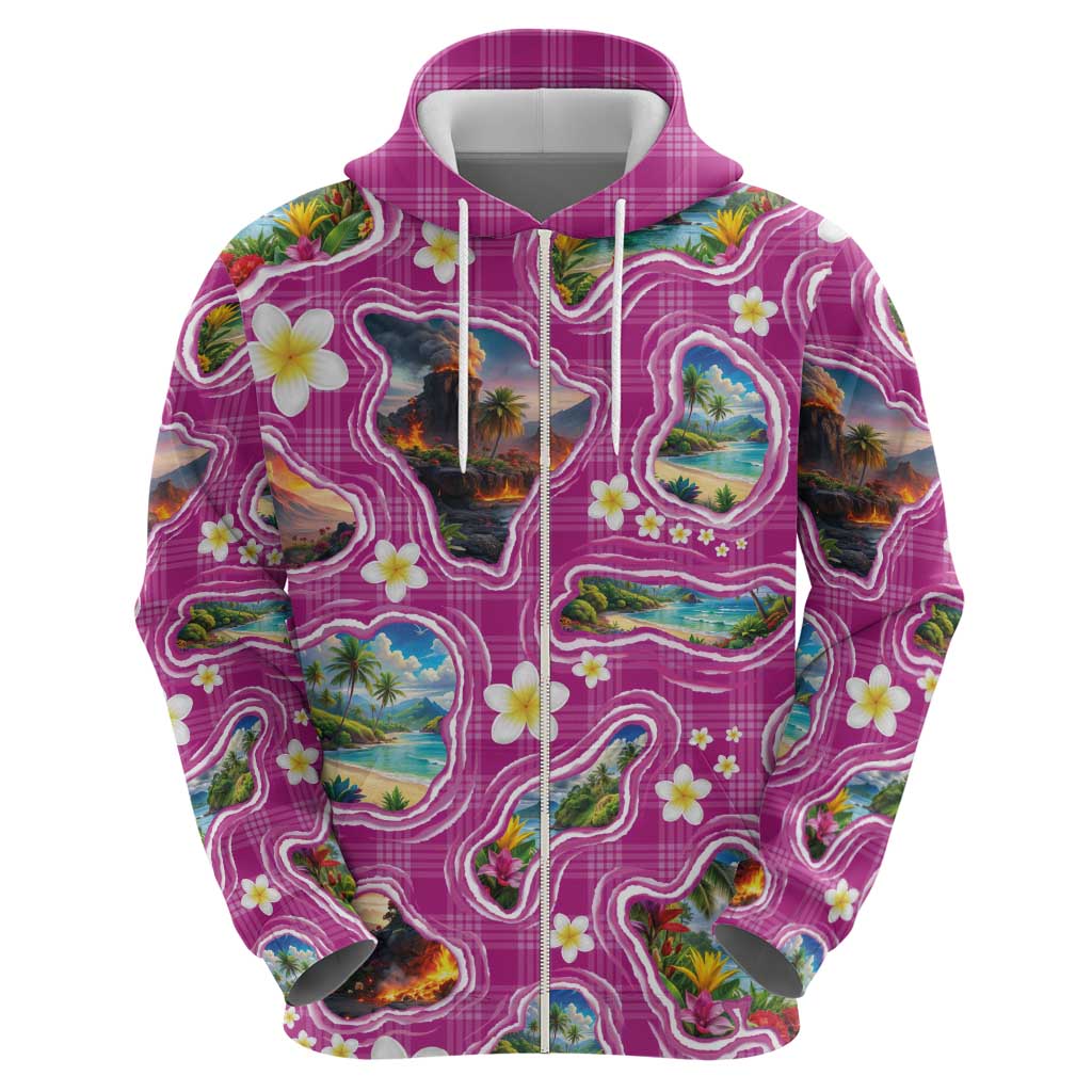 Hawaiian Island Shapes-Iconic Landscape Zip Hoodie with Plumeria and Palaka Pink Color LT03 - Polynesian Pride