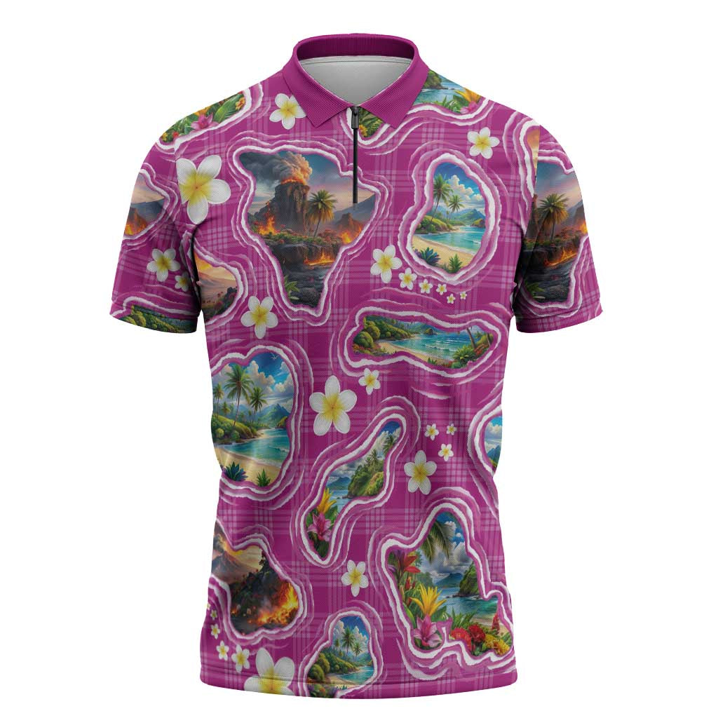 Hawaiian Island Shapes-Iconic Landscape Zipper Polo Shirt with Plumeria and Palaka Pink Color