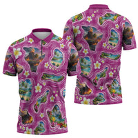 Hawaiian Island Shapes-Iconic Landscape Zipper Polo Shirt with Plumeria and Palaka Pink Color LT03 - Polynesian Pride