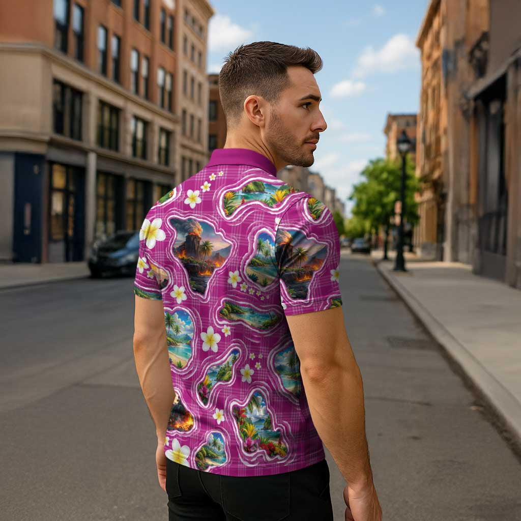 Hawaiian Island Shapes-Iconic Landscape Zipper Polo Shirt with Plumeria and Palaka Pink Color LT03 - Polynesian Pride