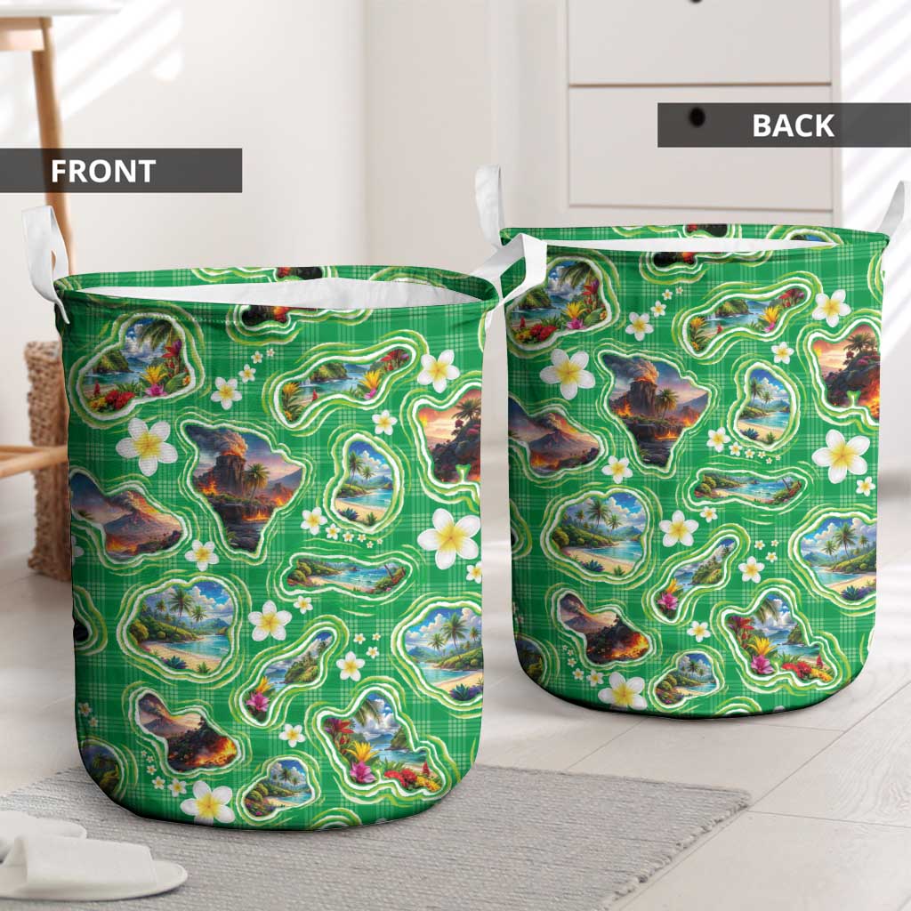 Hawaii Map with Plumeria Flower and Palaka Pattern Laundry Basket Tropical Island Green Design