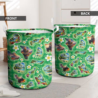 Hawaii Map with Plumeria Flower and Palaka Pattern Laundry Basket Tropical Island Green Design