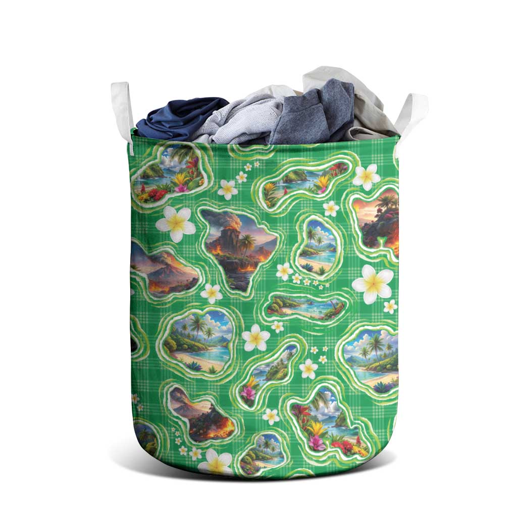 Hawaii Map with Plumeria Flower and Palaka Pattern Laundry Basket Tropical Island Green Design