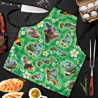 Hawaii Map with Plumeria Flower and Palaka Pattern Apron Tropical Island Green Design