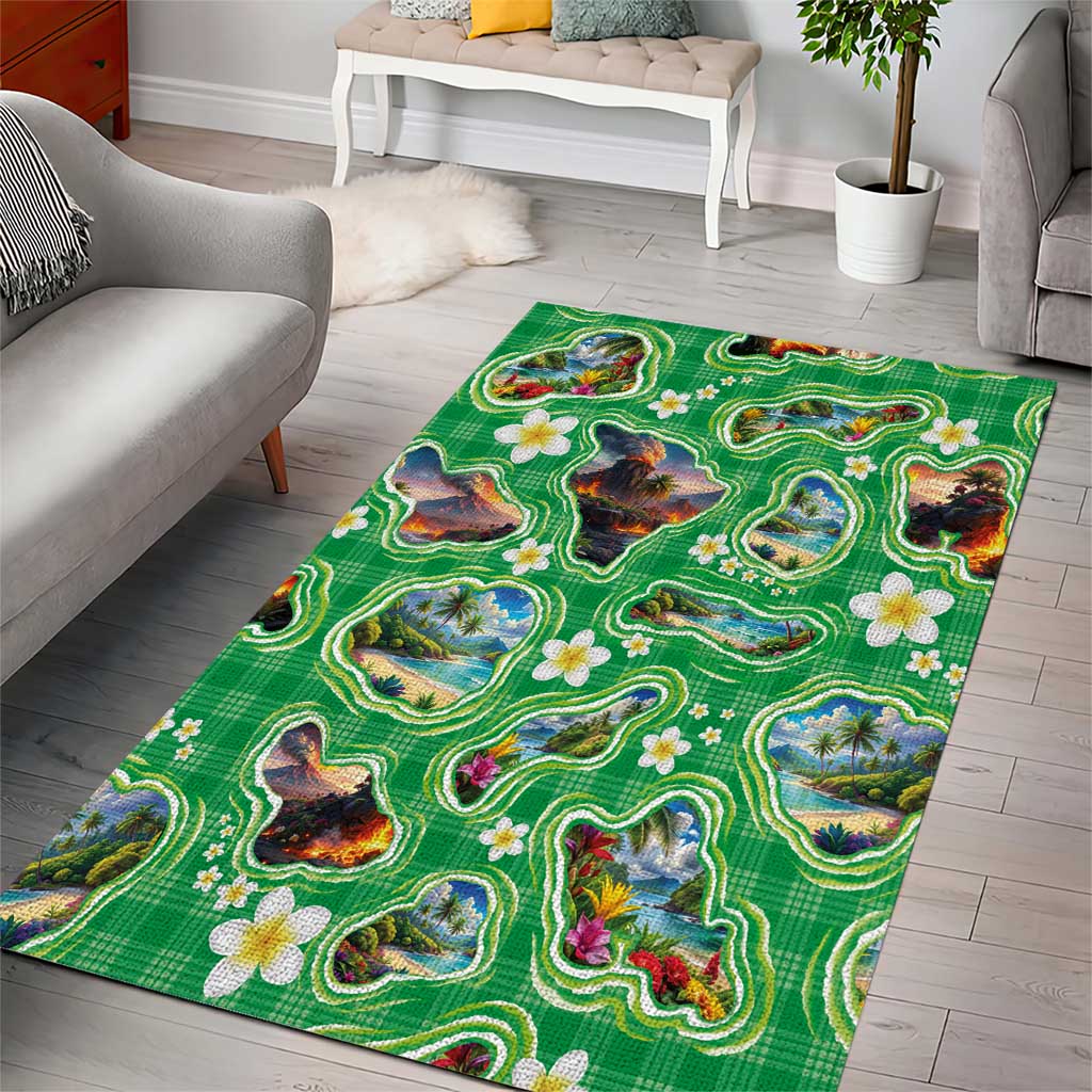 Hawaii Map with Plumeria Flower and Palaka Pattern Area Rug Tropical Island Green Design