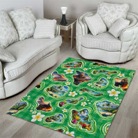 Hawaii Map with Plumeria Flower and Palaka Pattern Area Rug Tropical Island Green Design