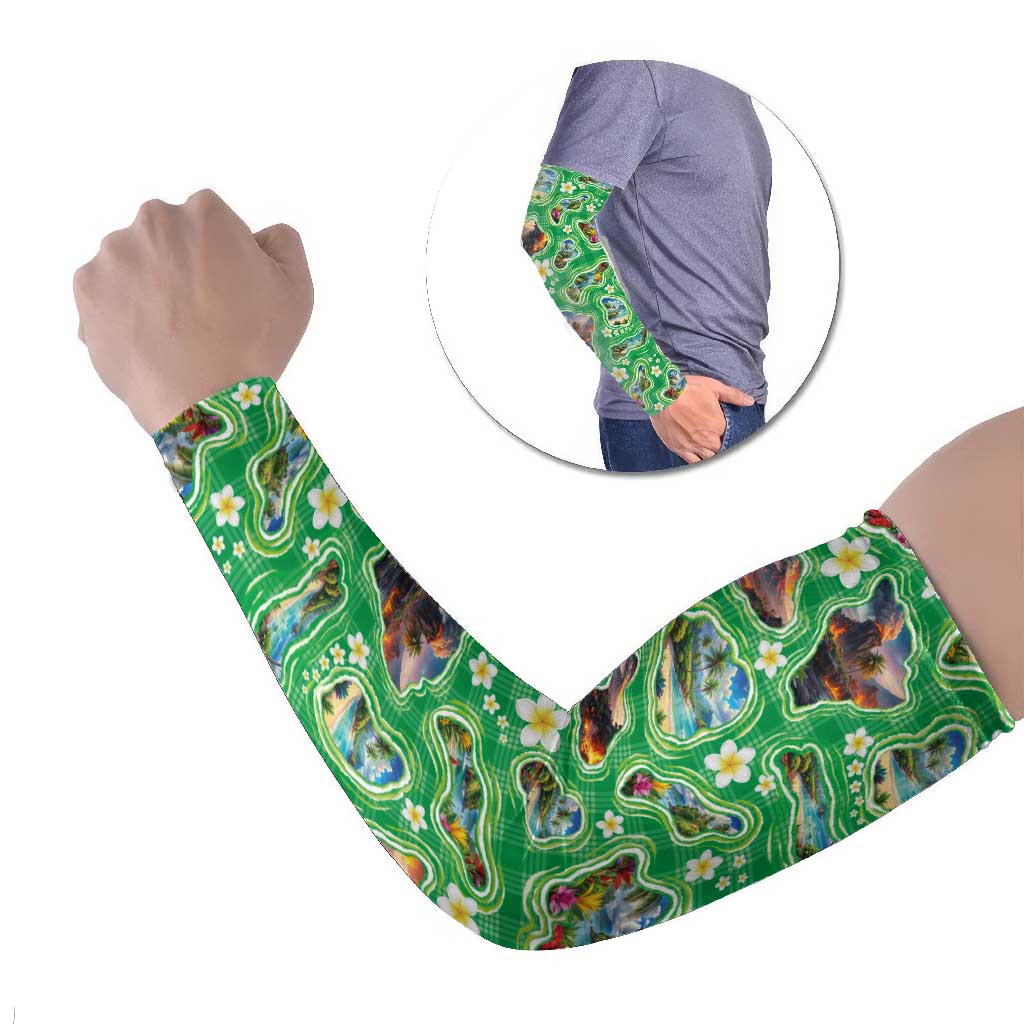 Hawaii Map with Plumeria Flower and Palaka Pattern Arm Sleeves Tropical Island Green Design