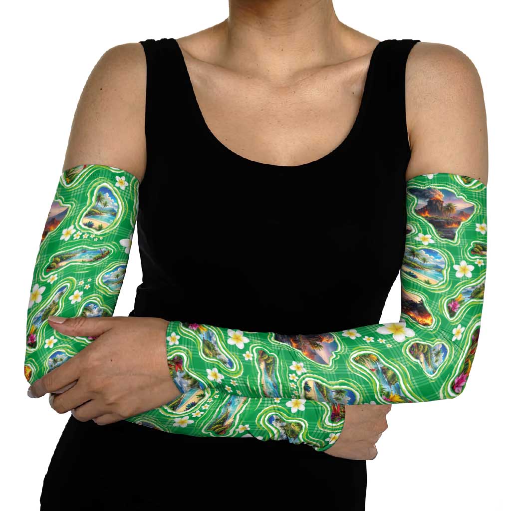 Hawaii Map with Plumeria Flower and Palaka Pattern Arm Sleeves Tropical Island Green Design
