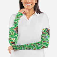 Hawaii Map with Plumeria Flower and Palaka Pattern Arm Sleeves Tropical Island Green Design